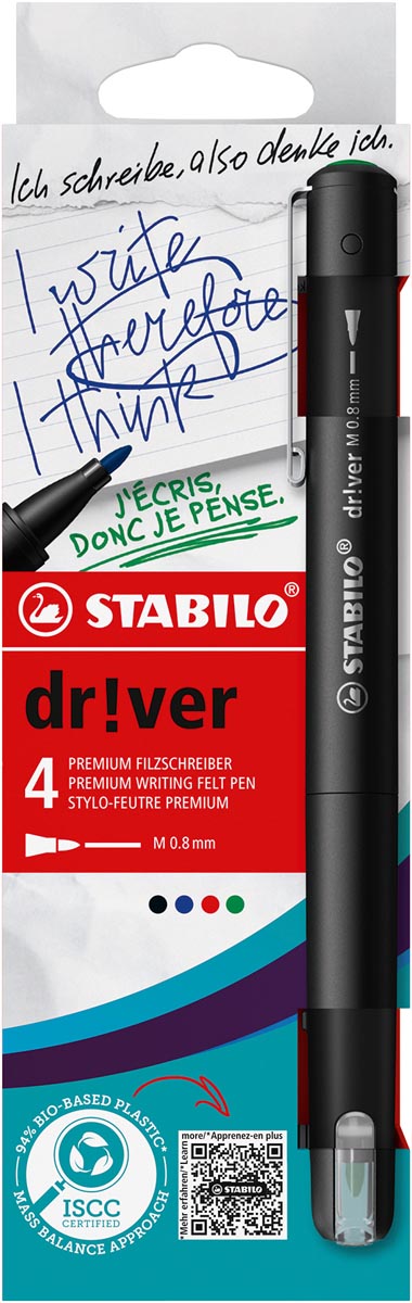 STABILO dr!ver fineliner, medium punt, geassorteerde kleuren, blister van 4 stuks afbeelding