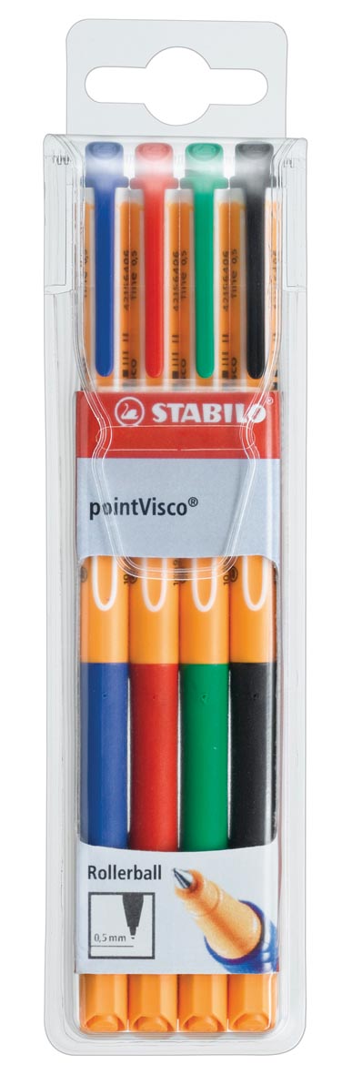 STABILO pointVisco roller, 0,5 mm, etui van 4 stuks in geassorteerde kleuren