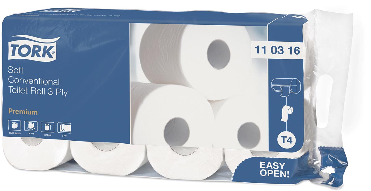Tork Premium toiletpapier extra soft, 3-laags, 250 vellen, systeem T4, wit, pak van 8 rollen afbeelding