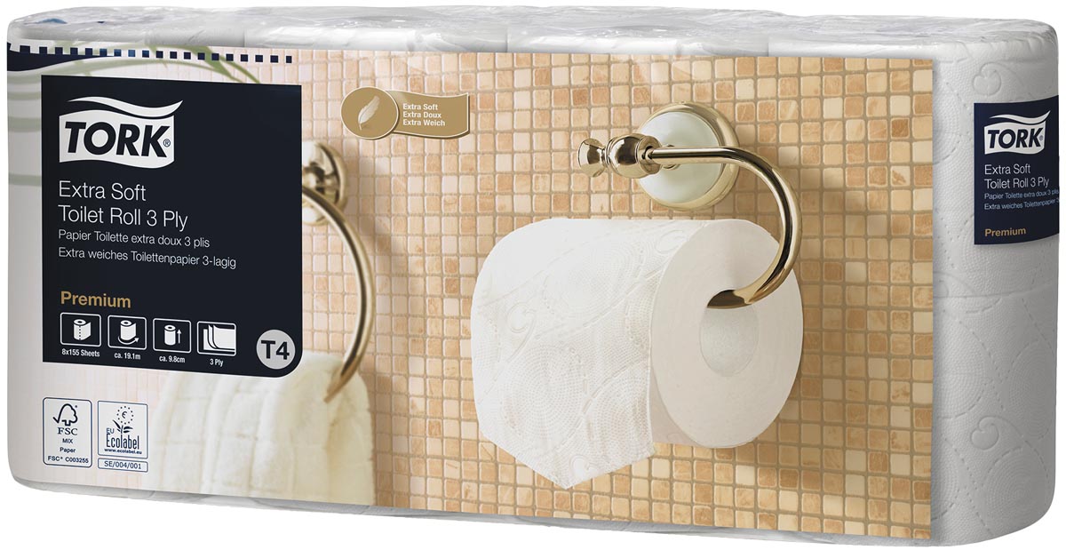 Tork Toiletpapier Extra Soft 3-laags, Wit, 155 Vel ,voor systeem T4, pak van 8 rollen afbeelding