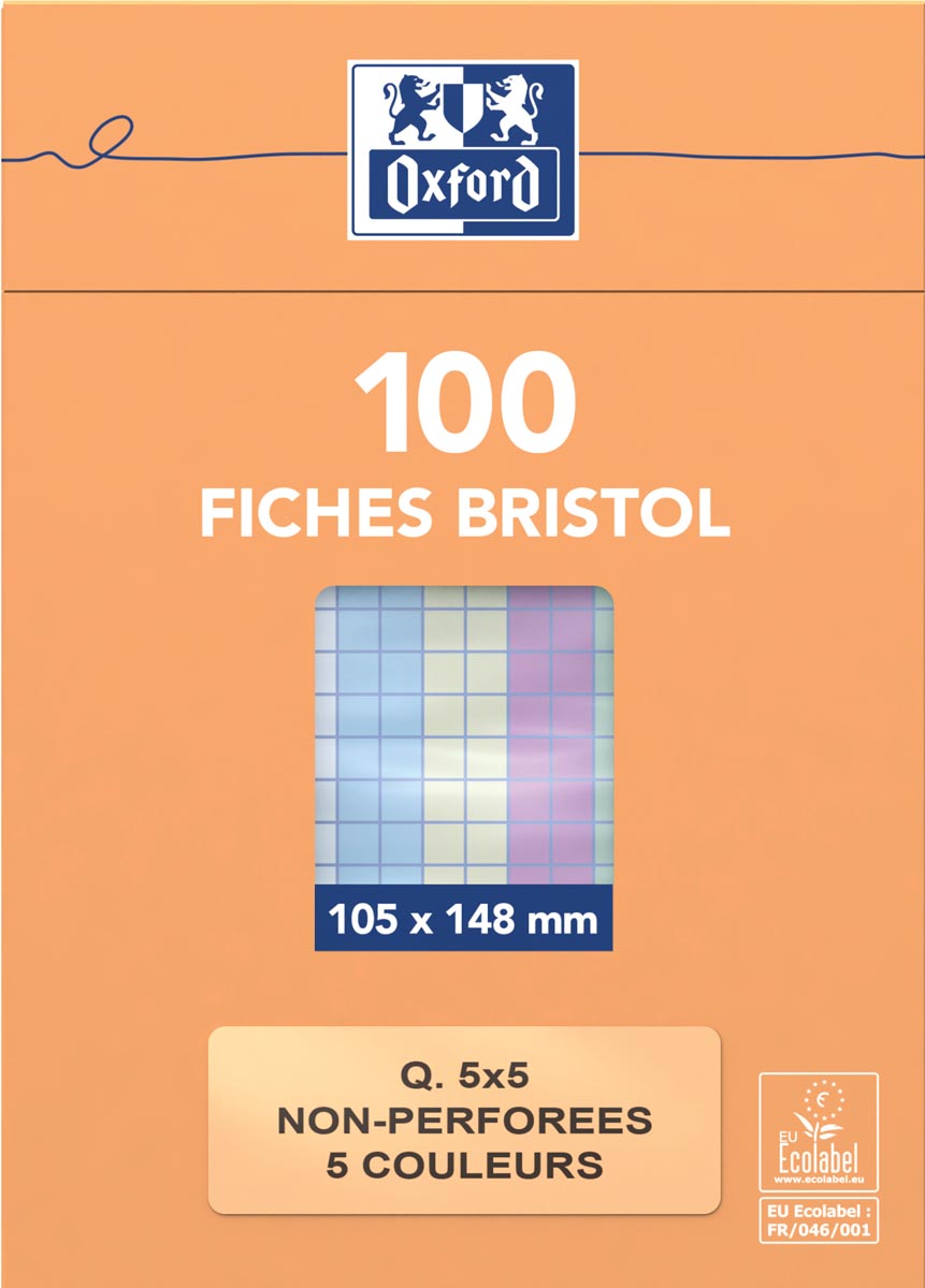 OXFORD flashcards ongeperforeerd, ft 105 x 148 mm, geruit 5 mm, geassorteerde kleuren, pak van 100 vel