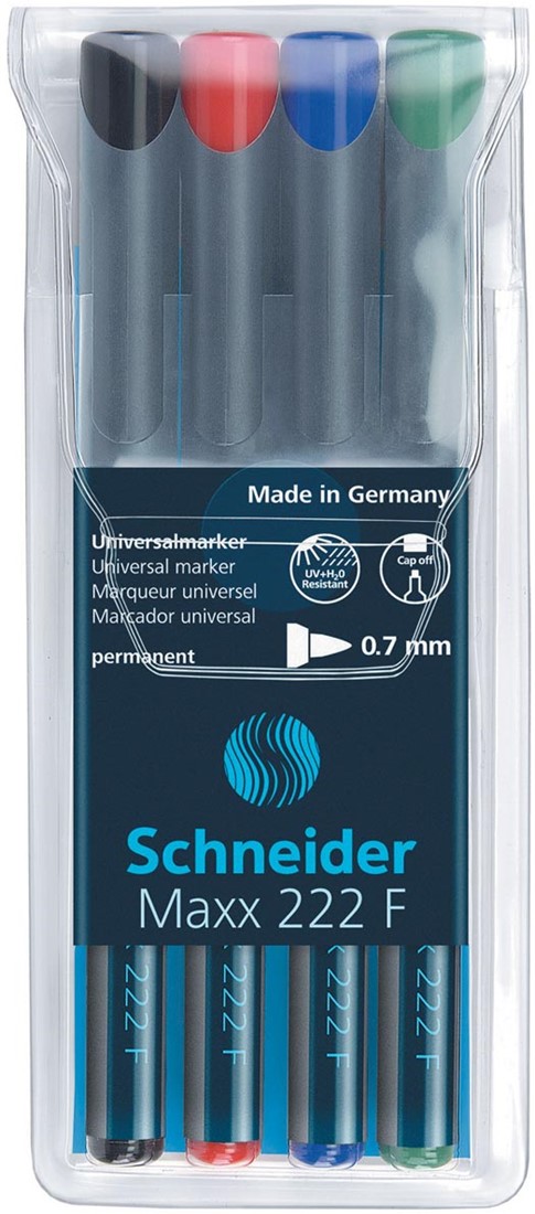 Schneider Maxx 222 F - Marqueurs Permanents Pochette 4 Couleurs (Noir, Rouge, Bleu, Vert) - Pointe Fine 0.7 Mm