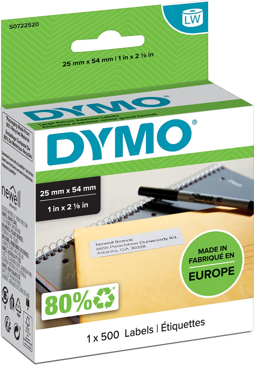 Dymo etiketten LabelWriter ft 25 x 54 mm, wit, 500 etiketten afbeelding