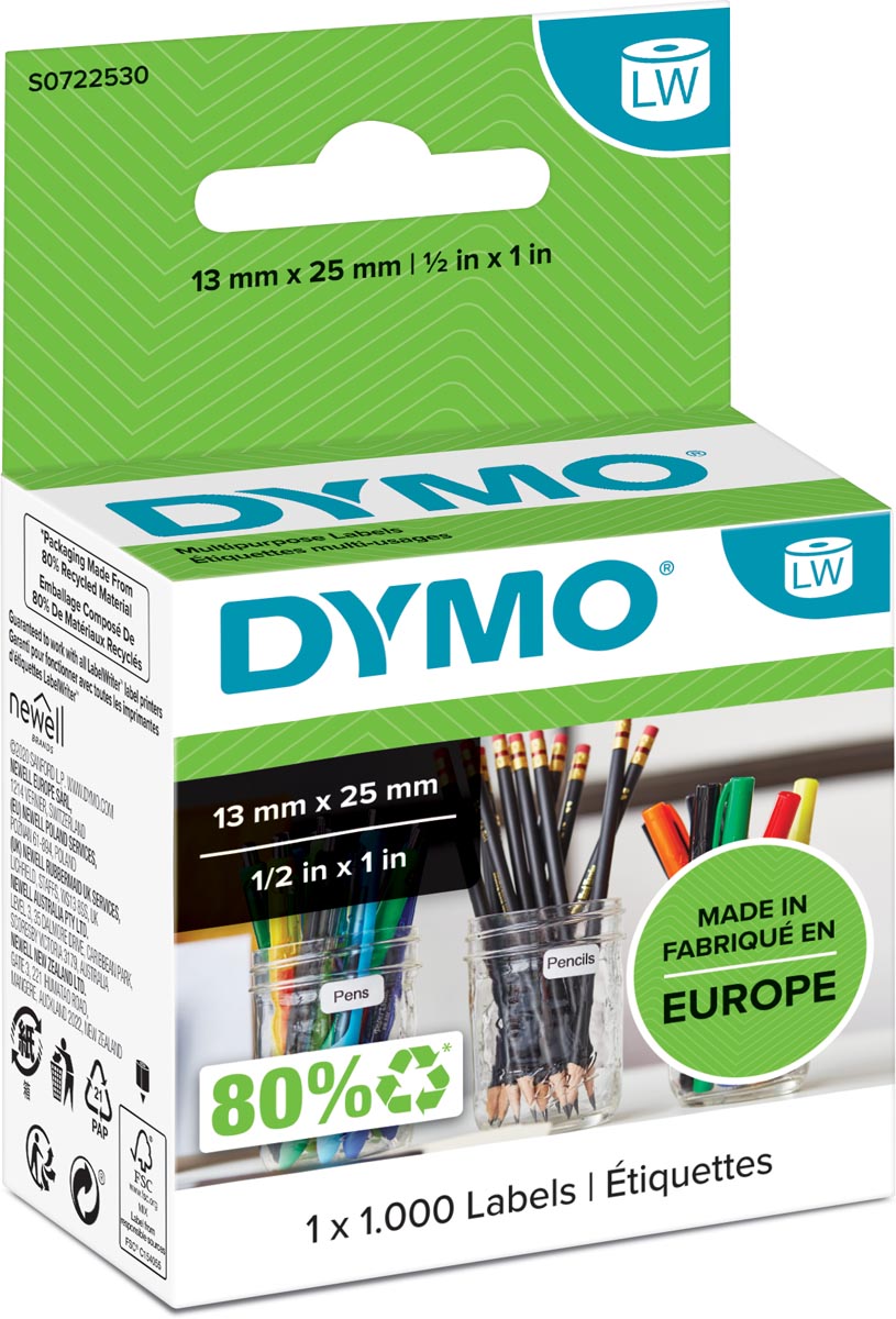 Dymo etiketten LabelWriter ft 13 x 25 mm, verwijderbaar, wit, 1000 etiketten afbeelding
