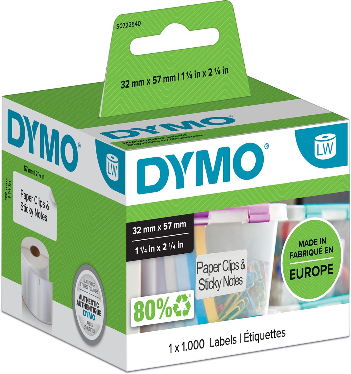 Dymo etiketten LabelWriter ft 57 x 32 mm, verwijderbaar, wit, 1000 etiketten afbeelding