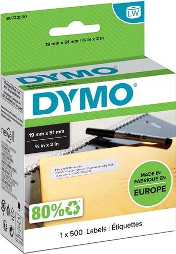 Dymo etiketten LabelWriter ft 19 x 51 mm, verwijderbaar, wit, 500 etiketten