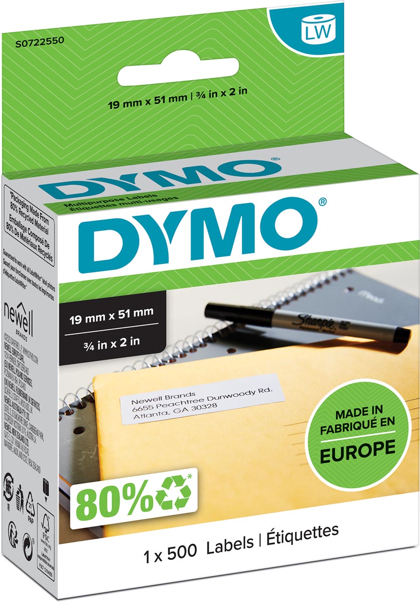 Dymo etiketten LabelWriter ft 19 x 51 mm, verwijderbaar, wit, 500 etiketten afbeelding