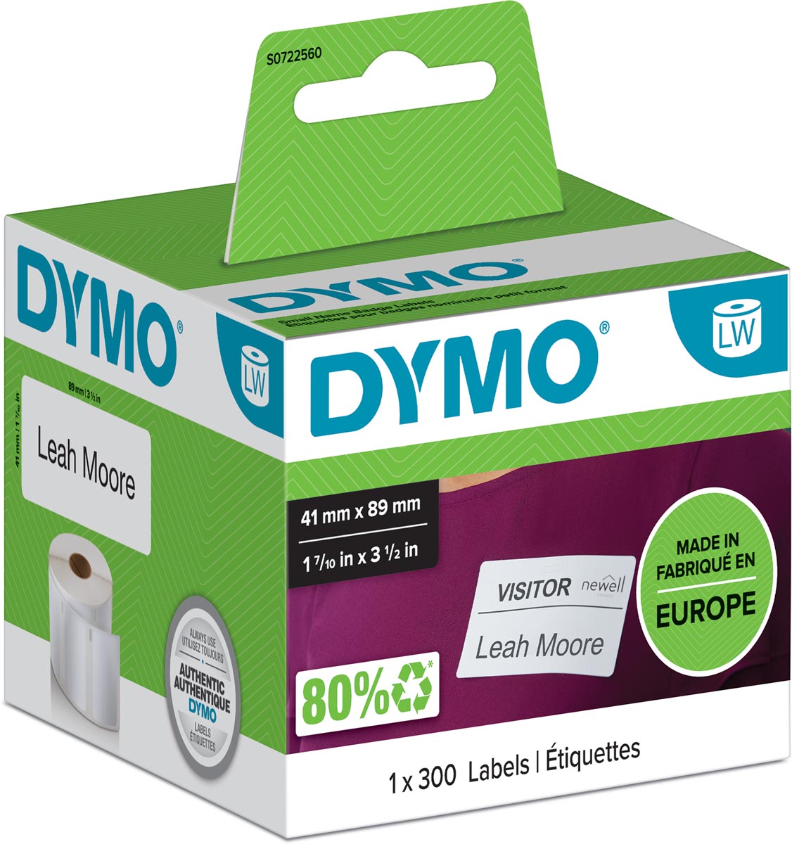 Dymo etiketten LabelWriter ft 89 x 41 mm, verwijderbaar, wit, 300 etiketten afbeelding