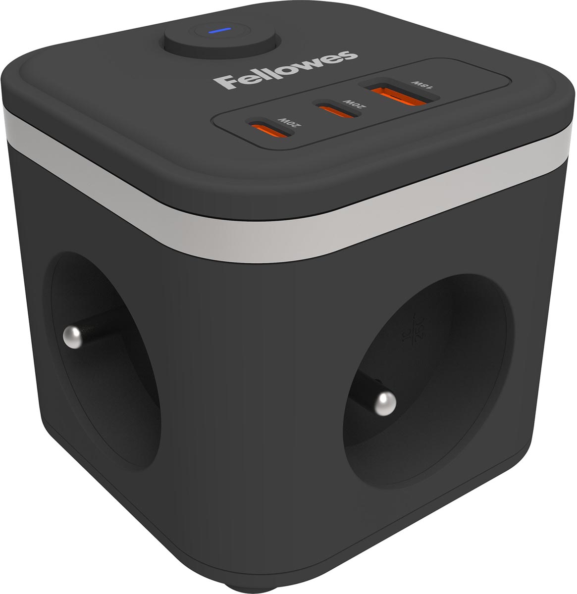 Fellowes contactdoos Power Cube, 3 stopcontacten + 1 x USB-A + 2 x USB-C, zwart, voor België