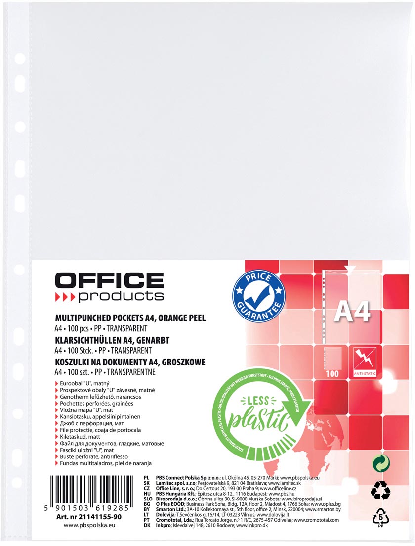 OFFICE products geperforeerde showtas, A4, 30 micron, gekorreld, pak van 100 stuks