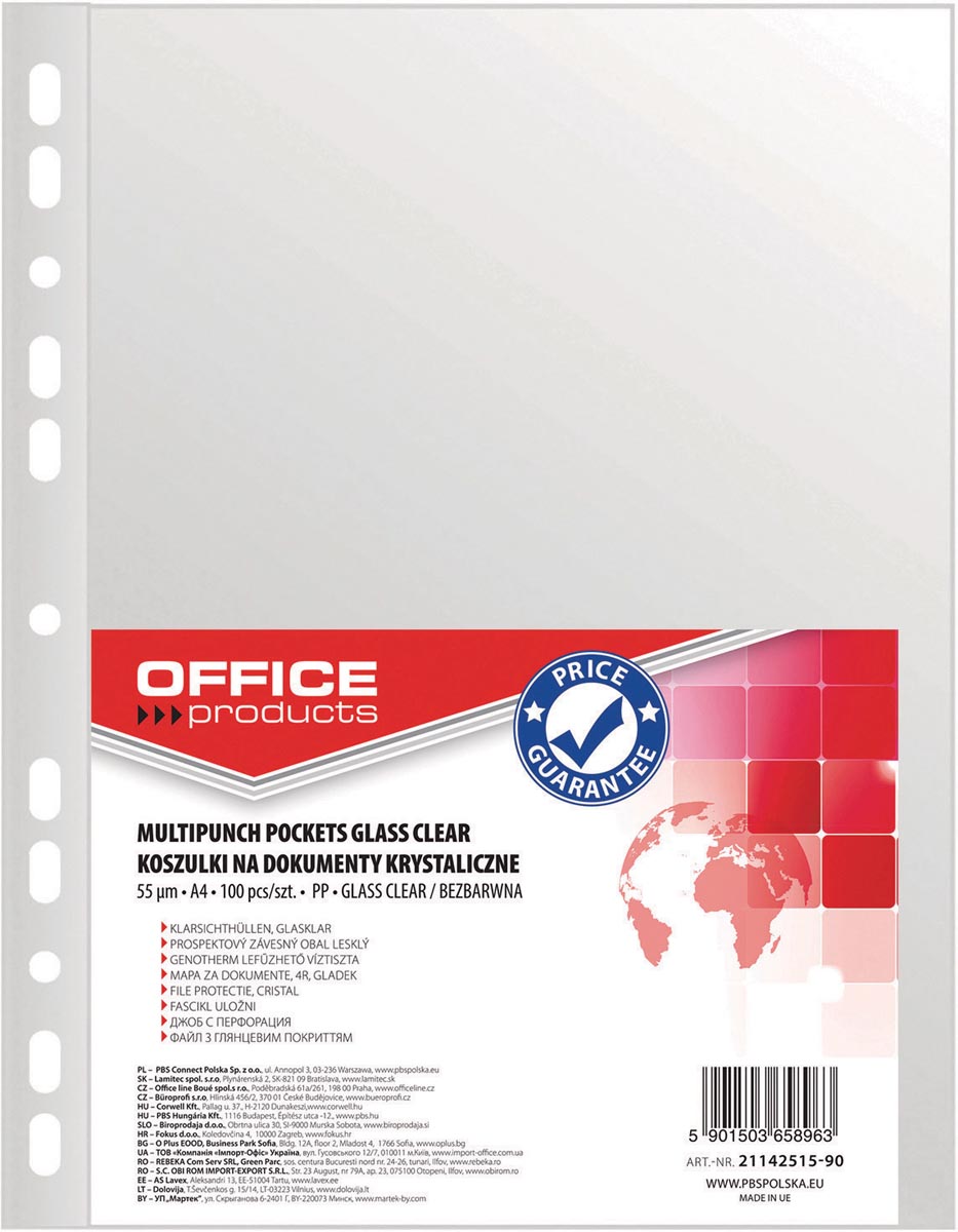 OFFICE products geperforeerde showtas, ft A4, 55 micron, glashelder, pak van 100 stuks afbeelding