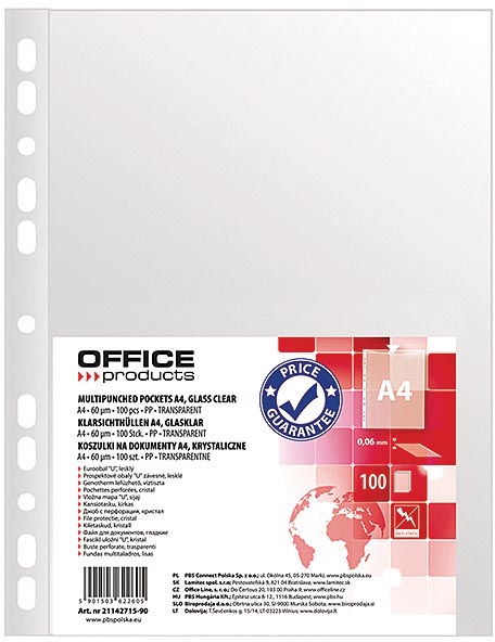 OFFICE products geperforeerde showtas, ft A4, 60 micron, glashelder, pak van 100 stuks afbeelding