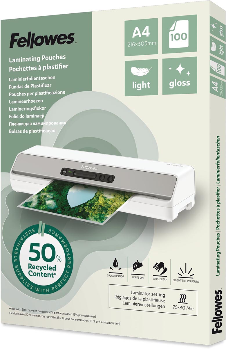 Fellowes lamineerhoes 50 % gerecycleerd, glanzend, ft A4, pak van 100 stuks