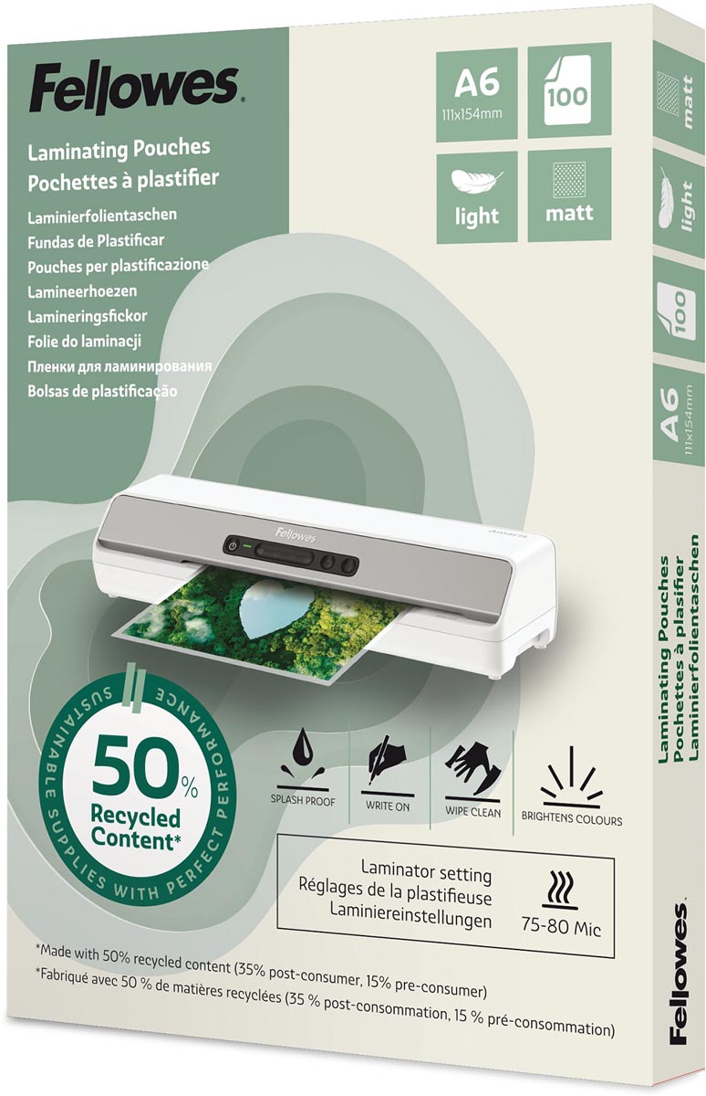 Fellowes lamineerhoes 50 % gerecycleerd, mat, ft A6, pak van 100 stuks