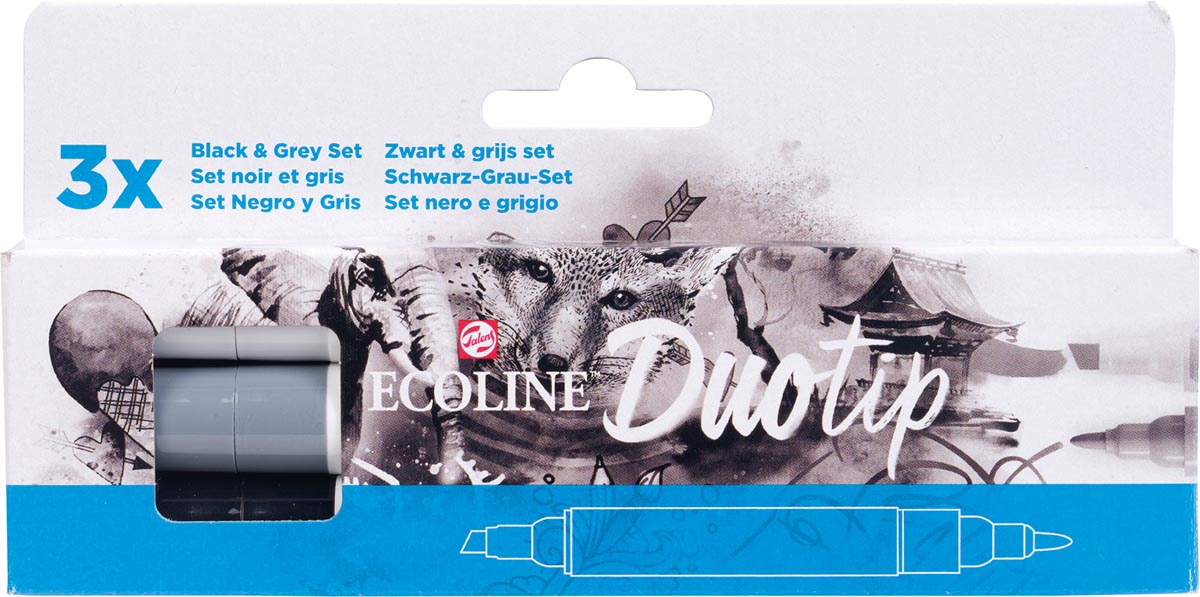 Talens Ecoline Duotip Brush pen, etui van 3 stuks, grijs en zwart Talens Ecoline Duotip Brush pen, etui van 3 stuks, grijs en zwart