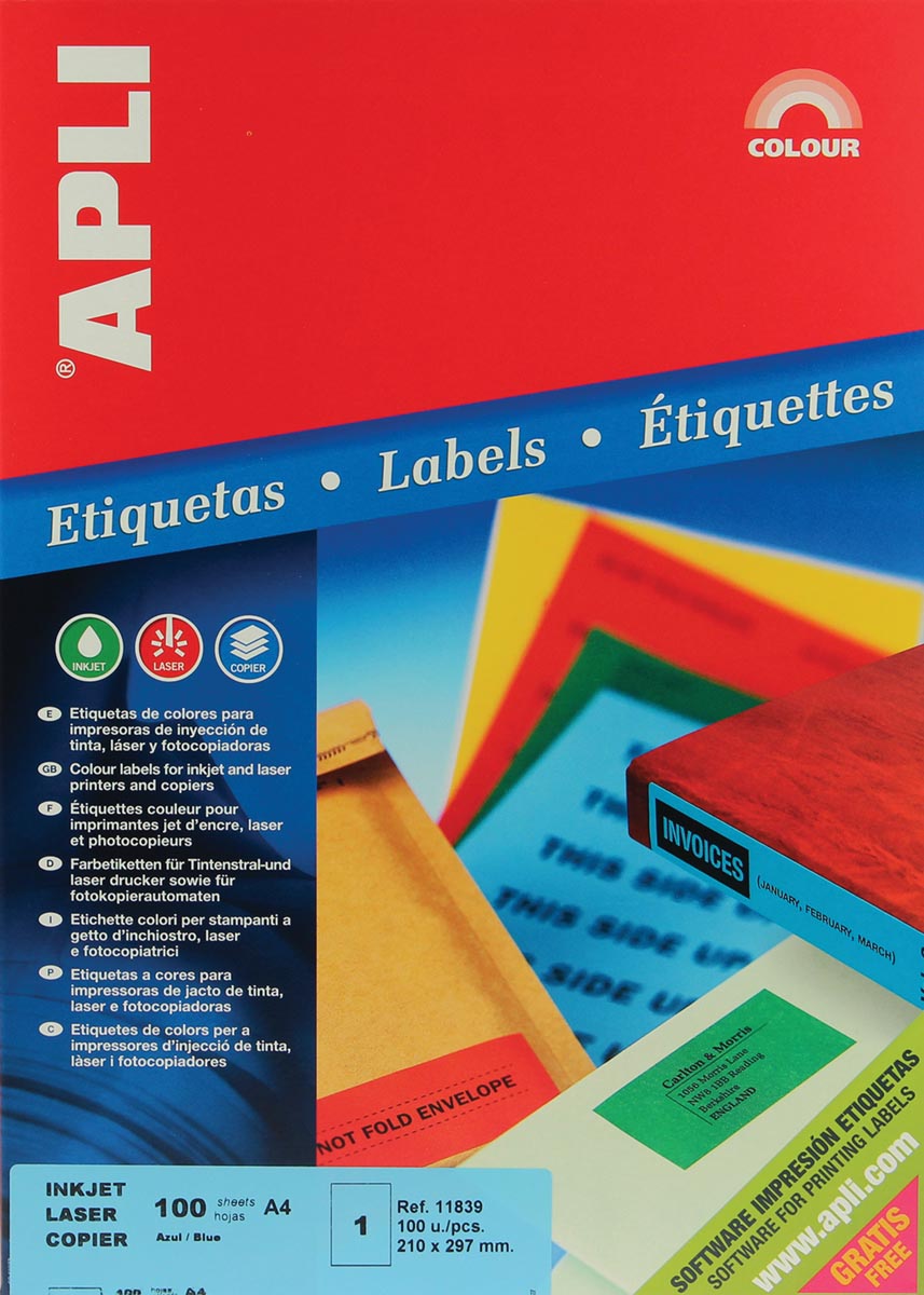 Apli Etiquettes colorées ft 210 x 297 mm (l x h), bleu, 100 pièces, 1 par feuille bij VindiQ Office