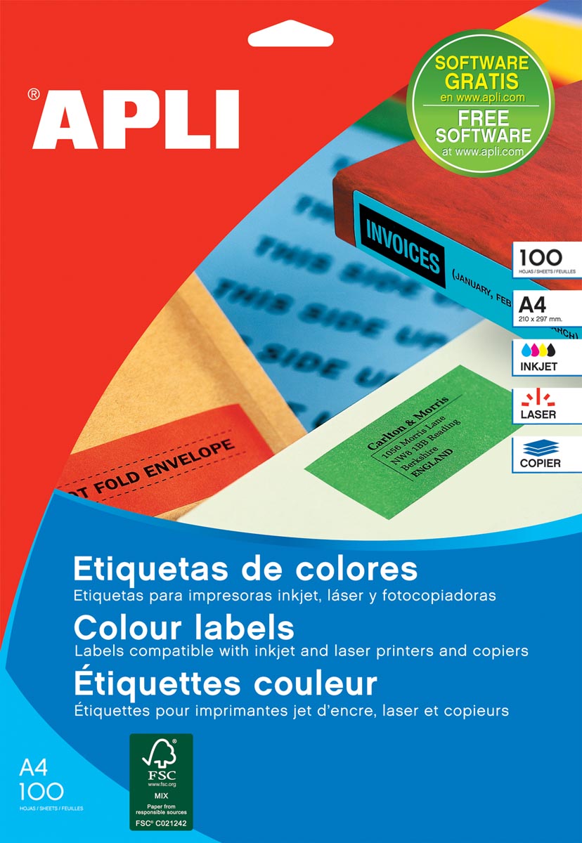 Apli Gekleurde etiketten ft 210 x 297 mm (b x h), rood, 100 stuks, 1 per blad afbeelding