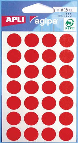 Agipa ronde etiketten in etui diameter 15 mm, rood, 168 stuks, 28 per blad