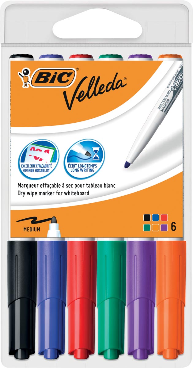Bic whiteboardmarker Velleda 1741, in geassorteerde kleuren, etui van 6 stuks