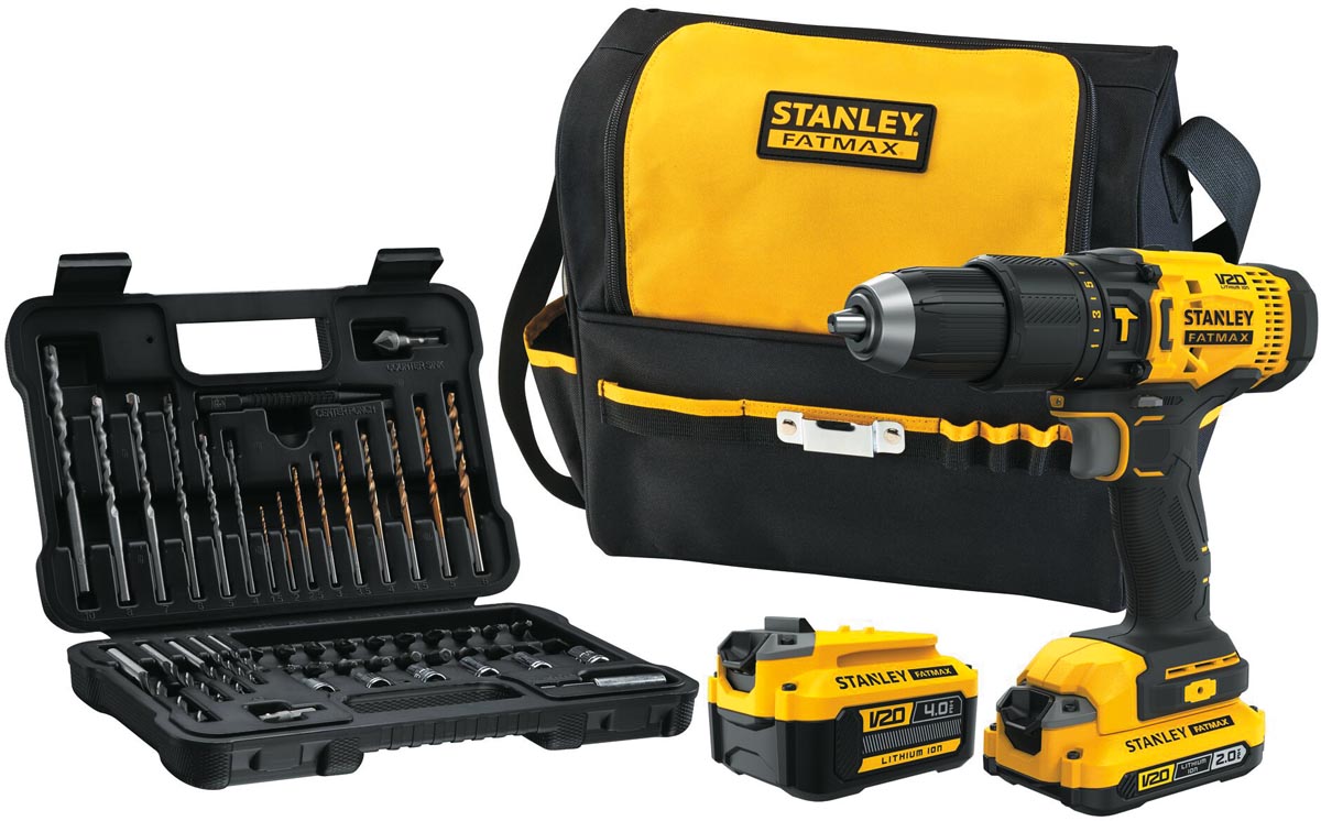Stanley Fatmax schroefklopboormachine 18V, met 2 accu&apos;s, softbag en 50-delige accessoireset afbeelding
