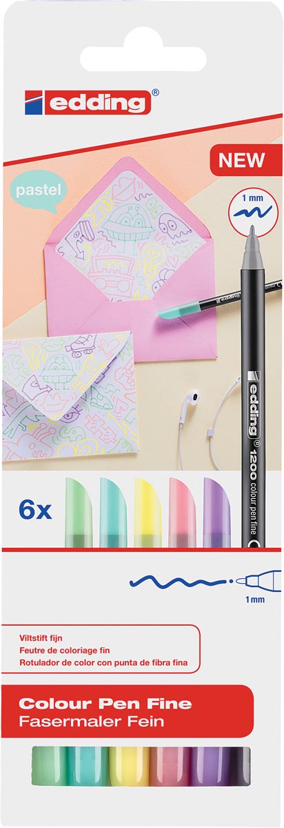 Edding viltstift e-1200, kartonnen etui met 6 stiften in geassorteerde pastelkleuren
