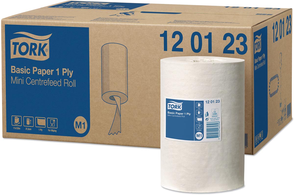 Tork Universal Basic Mini poetspapier, centerfeed, 1-laags, systeem M1, wit, doos van 11 rollen afbeelding