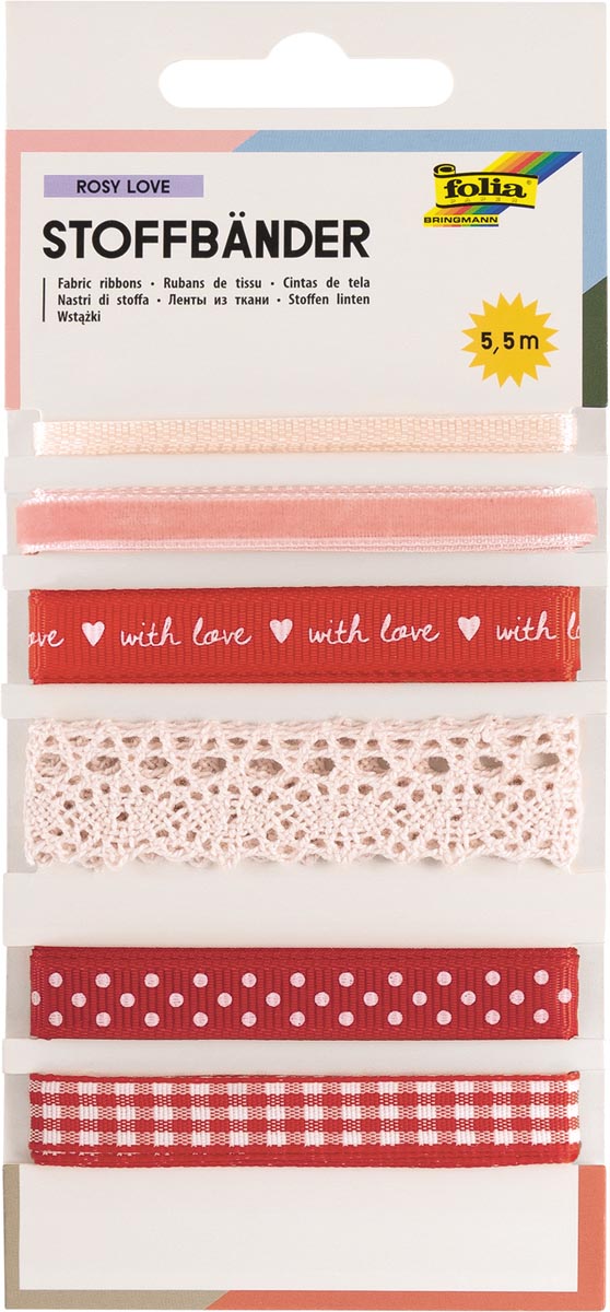 Folia stoffen linten, 6 geassorteerde kleuren, totale lengte 5,5 m, rosy love