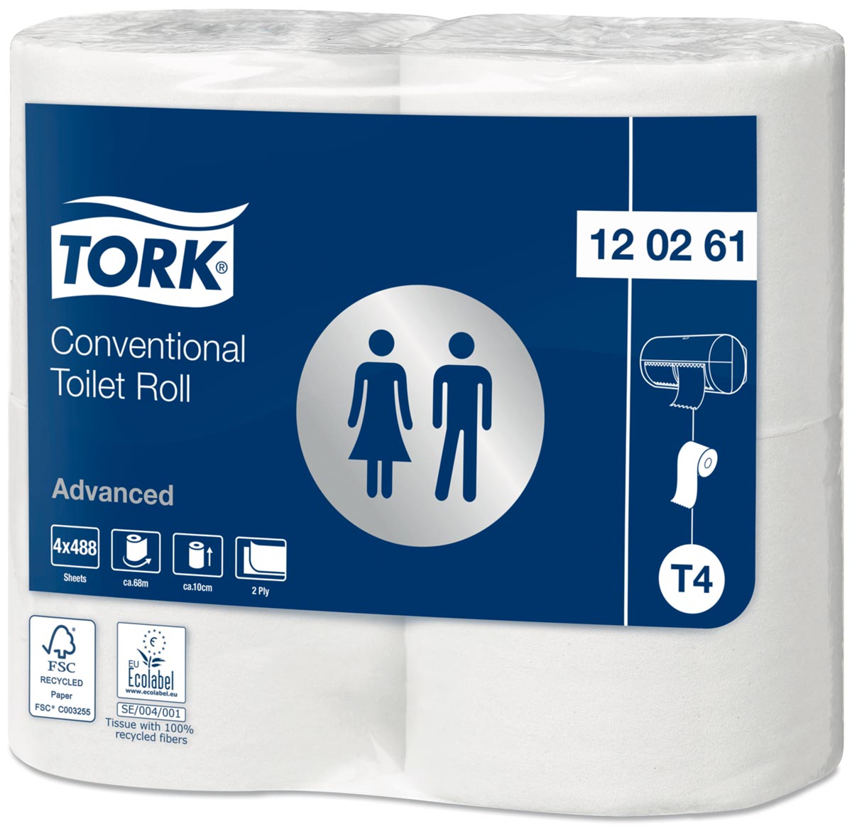 Tork Advanced toiletpapier, 2-laags, 496 vel, systeem T4, wit, pak van 4 rollen