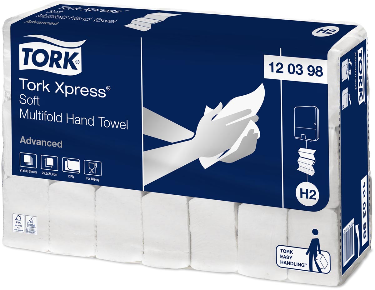 Tork Xpress Advanced handdoek 2-laags, systeem H2, wit, pak van 21 stuks