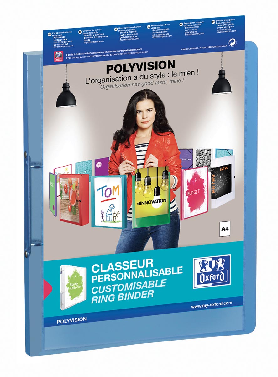 OXFORD Polyvision personaliseerbare ringmap, formaat A4, uit PP, rug van 3 cm, 2 ringen, blauw afbeelding