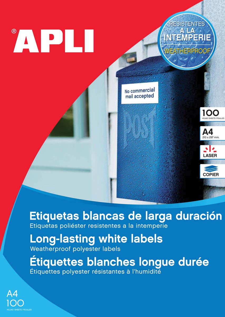 Apli Weerbestendige etiketten ft 210 x 297 mm (b x h), 100 stuks, 1 per blad, doos van 100 blad afbeelding