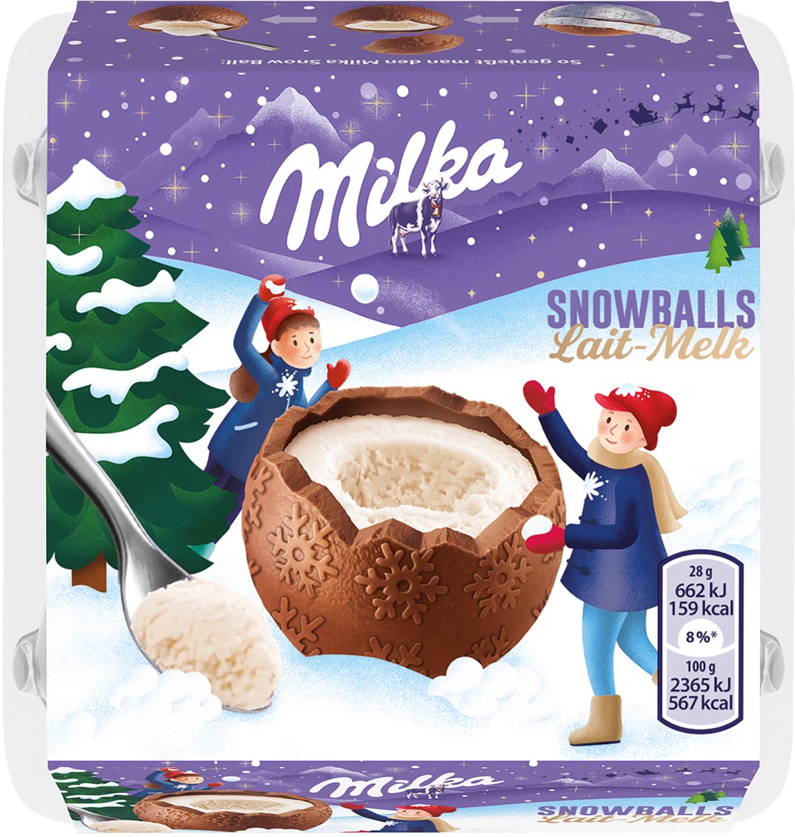 Milka Snow Balls Alpenmelkchocolade met melk-crèmevulling 112 g (4 x 28 g)