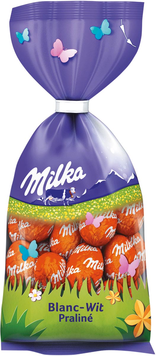 Milka zakje met eitjes, wit praline, 100 gr Milka zakje met eitjes, wit praline, 100 gr