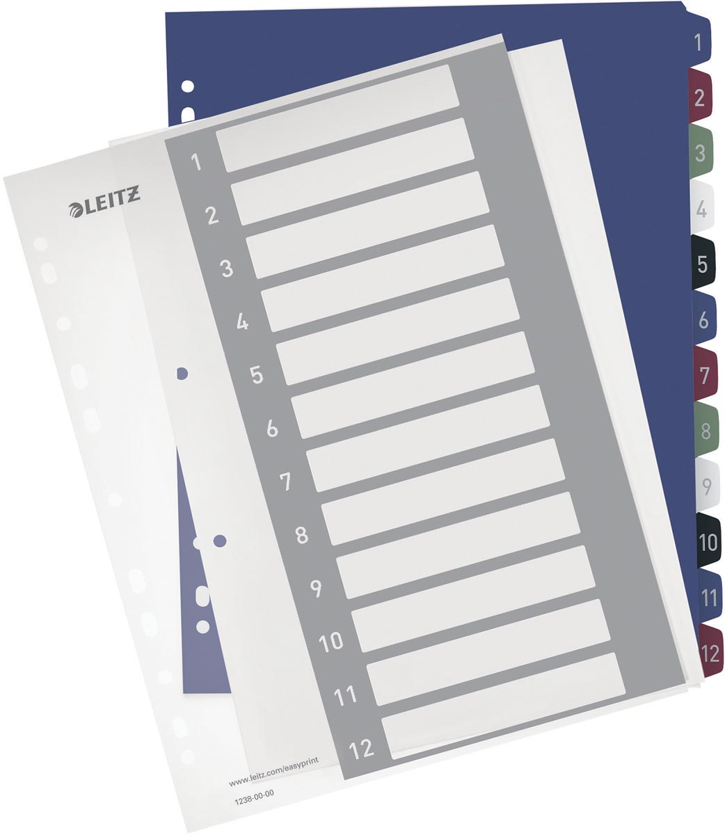 Leitz personaliseerbare tabbladen, 11-gaatsperforatie,1-12 tabs