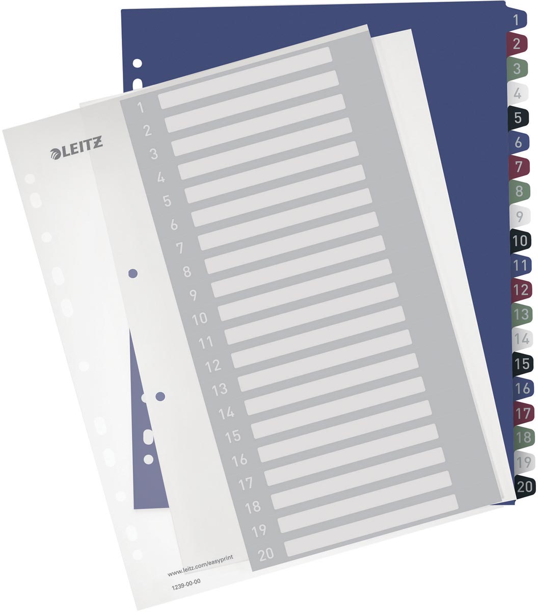 Leitz personaliseerbare tabbladen, 11-gaatsperforatie, 1-20 tabs