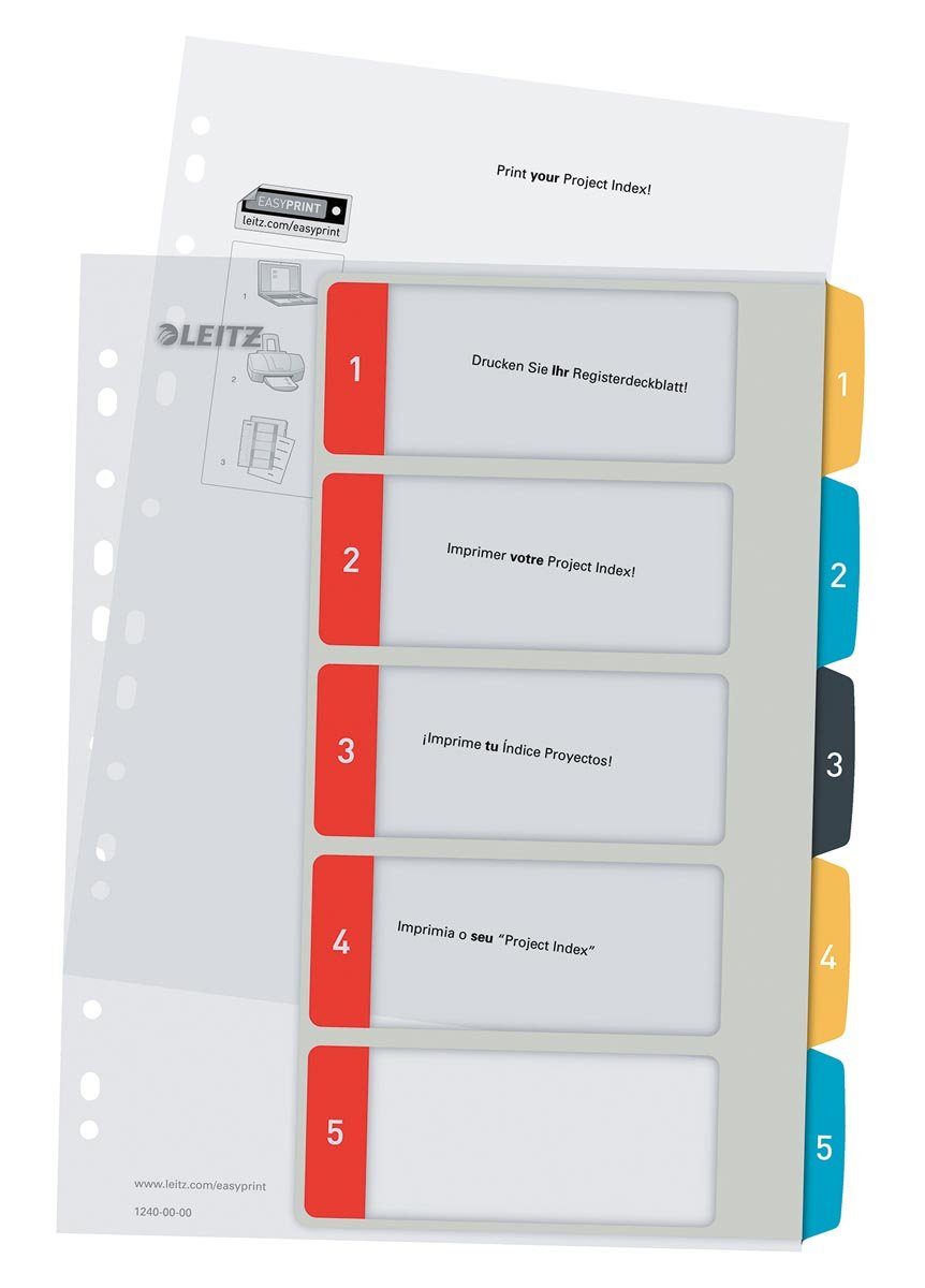 Leitz Cosy tabbladen, ft A4, 11-gaatsperforatie, PP, geassorteerde kleuren, set 1-5 afbeelding