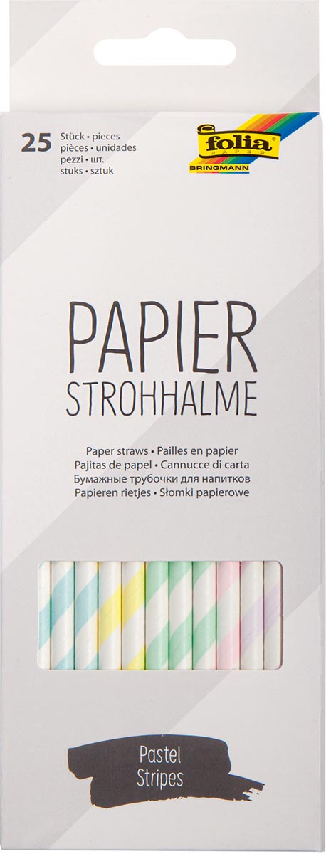 Folia papieren rietjes, ophangbaar doosje van 25 stuks, pastel strepen