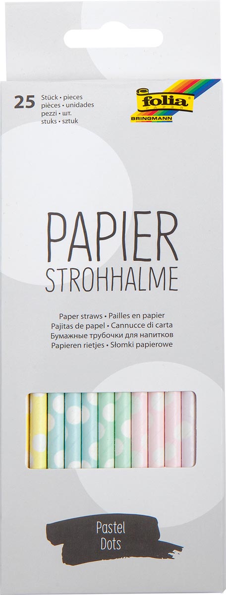 Folia papieren rietjes, ophangbaar doosje van 25 stuks, pastel bollen