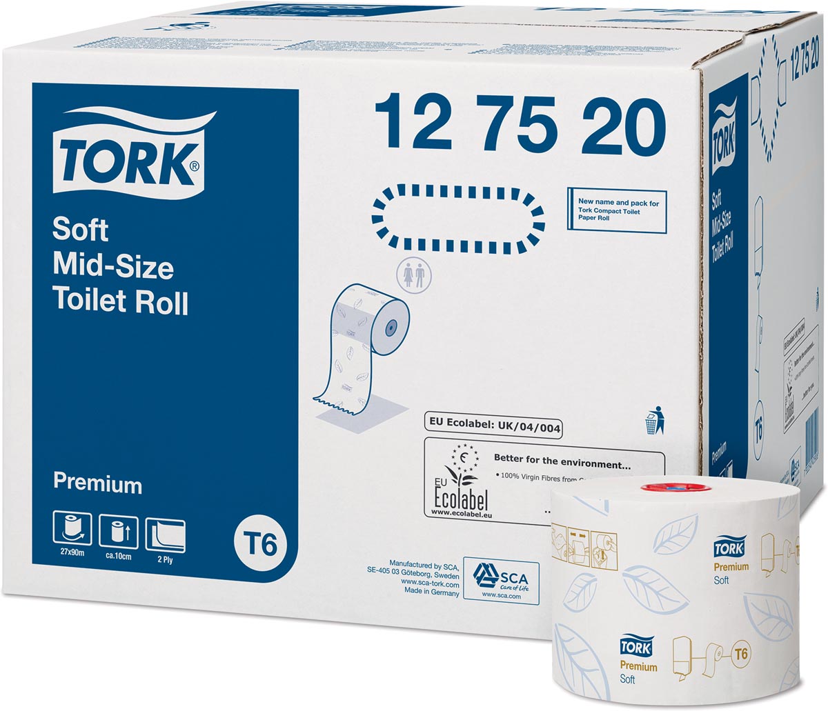 Tork Premium toiletpapier soft, mid-size, 2-laags, systeem T6, wit, pak van 27 rollen afbeelding