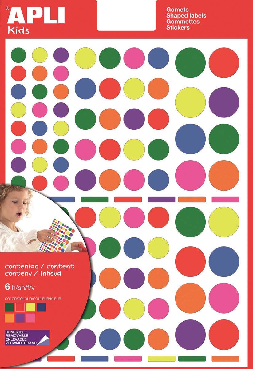 Apli Kids verwijderbare stickers, cirkel, blister met 624 stuks in geassorteerde kleuren en groottes afbeelding