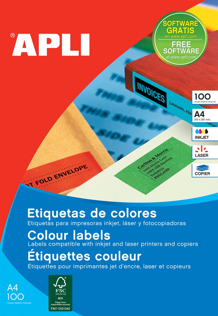 Apli Gekleurde etiketten ft 105 x 37 mm (b x h), rood, 1.600 stuks, 16 per blad, doos van 100 blad afbeelding