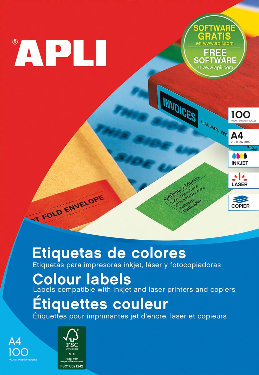 Apli Gekleurde etiketten Ft 105 x 148 mm (b x h), blauw, 80 stuks, 4 per blad, etui van 20 blad