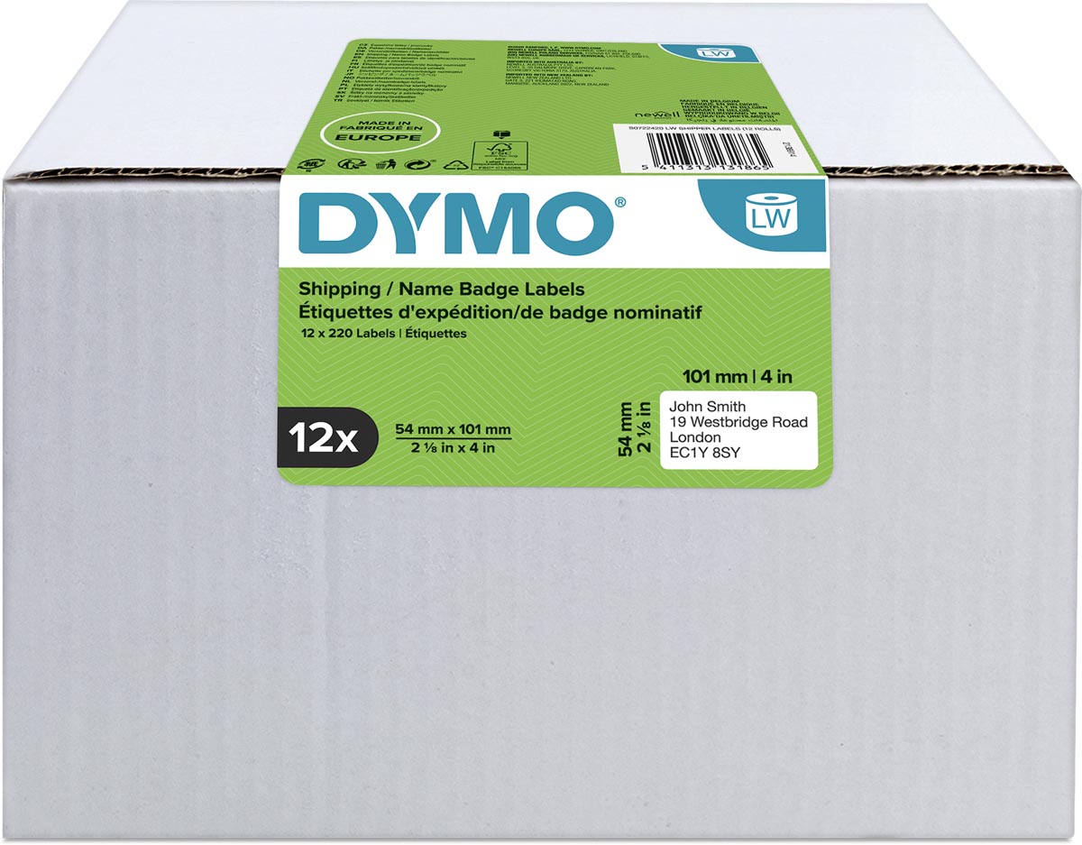 Dymo Value Pack: etiketten LabelWriter ft 101 x 54 mm, wit, doos van 12 x 220 etiketten afbeelding
