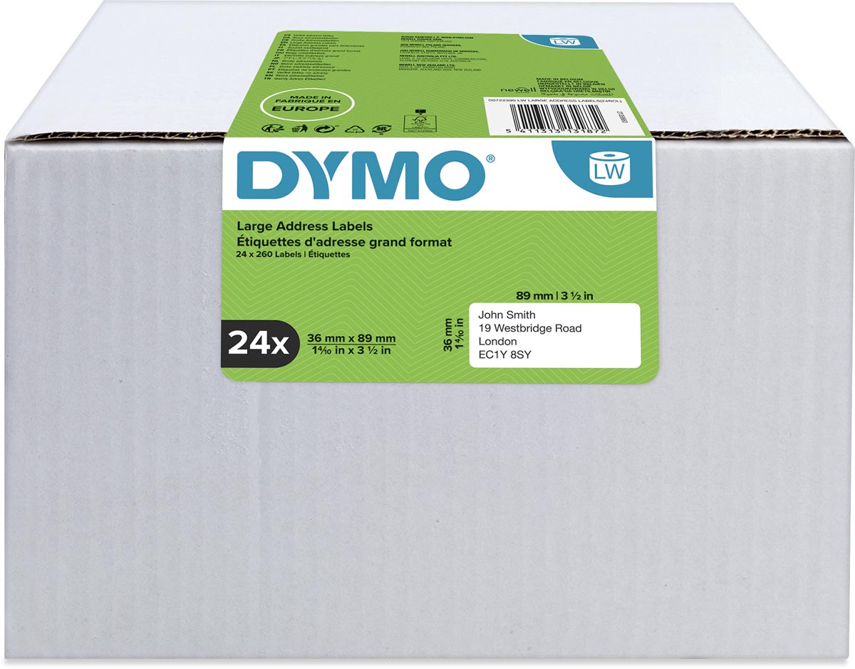Dymo Value Pack: etiketten LabelWriter ft 89 x 36 mm, wit, doos van 24 x 260 etiketten afbeelding