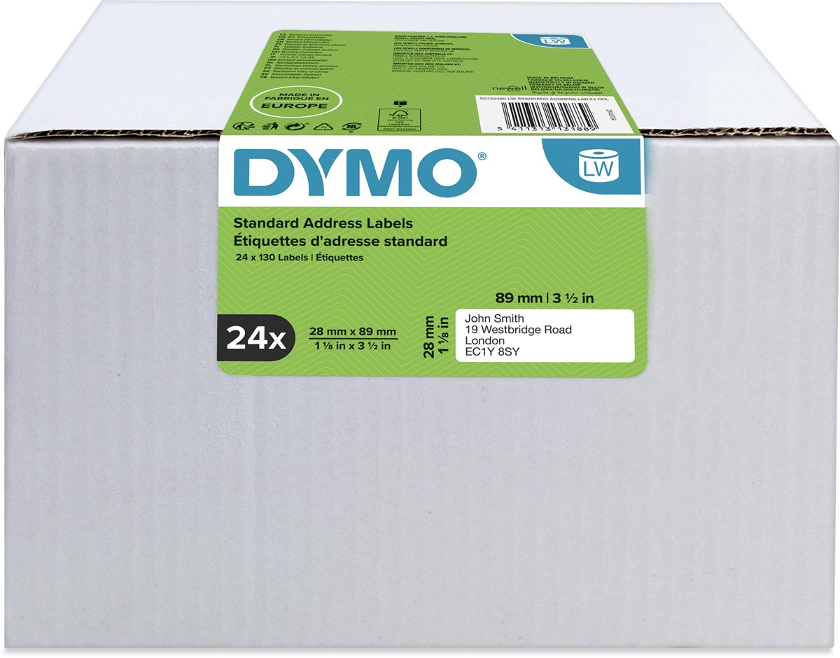 Dymo Value Pack: etiketten LabelWriter ft 89 x 28 mm, wit, doos van 24 x 130 etiketten afbeelding