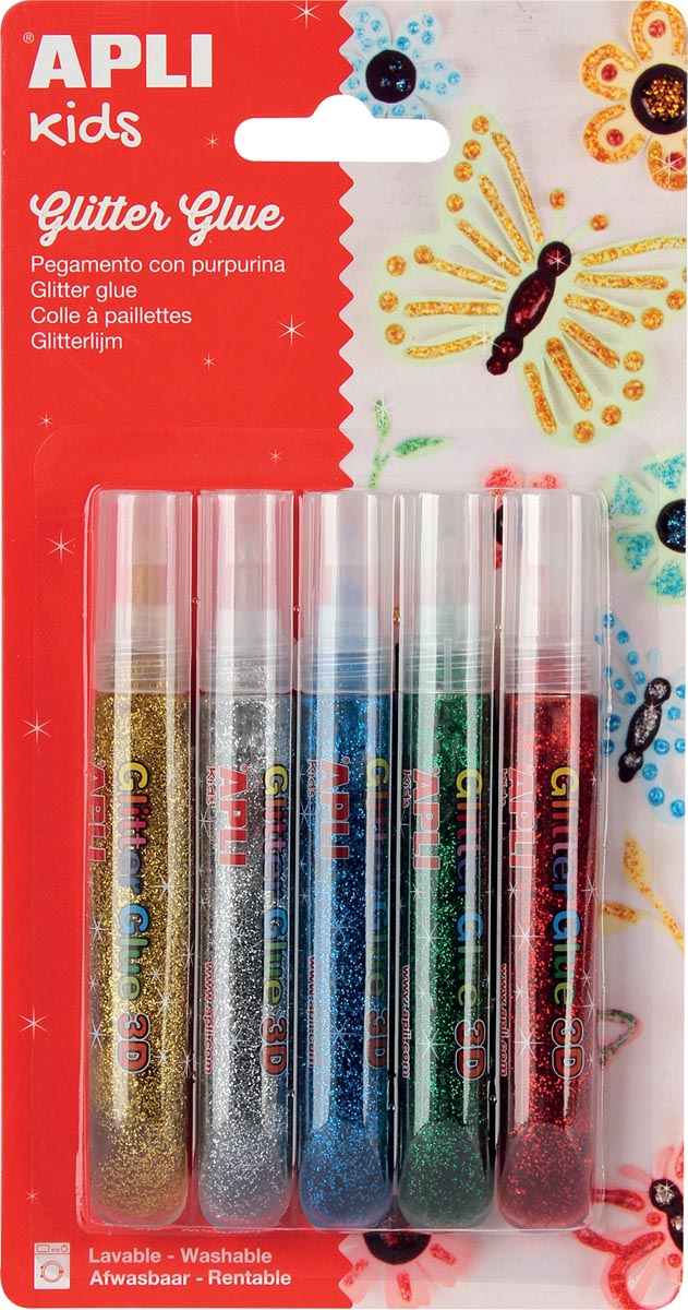 Apli Kids glitterlijm, blister met 5 tubes van 13 ml in geassorteerde metallic kleuren