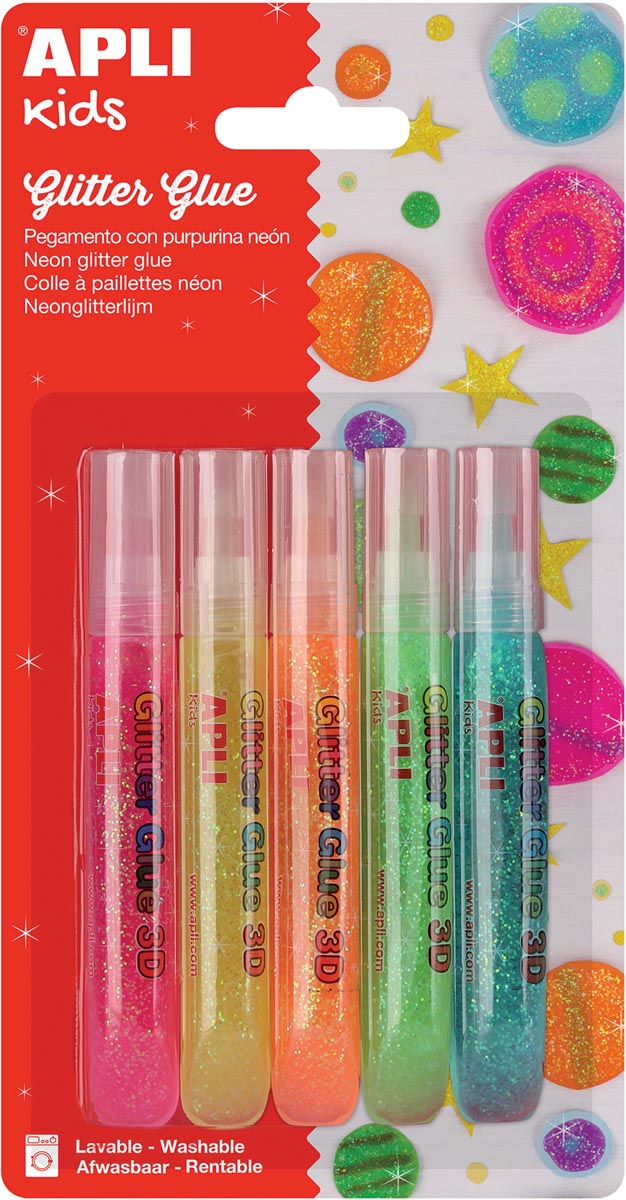 Apli Kids glitterlijm, blister met 5 tubes van 13 ml in geassorteerde fluo kleuren