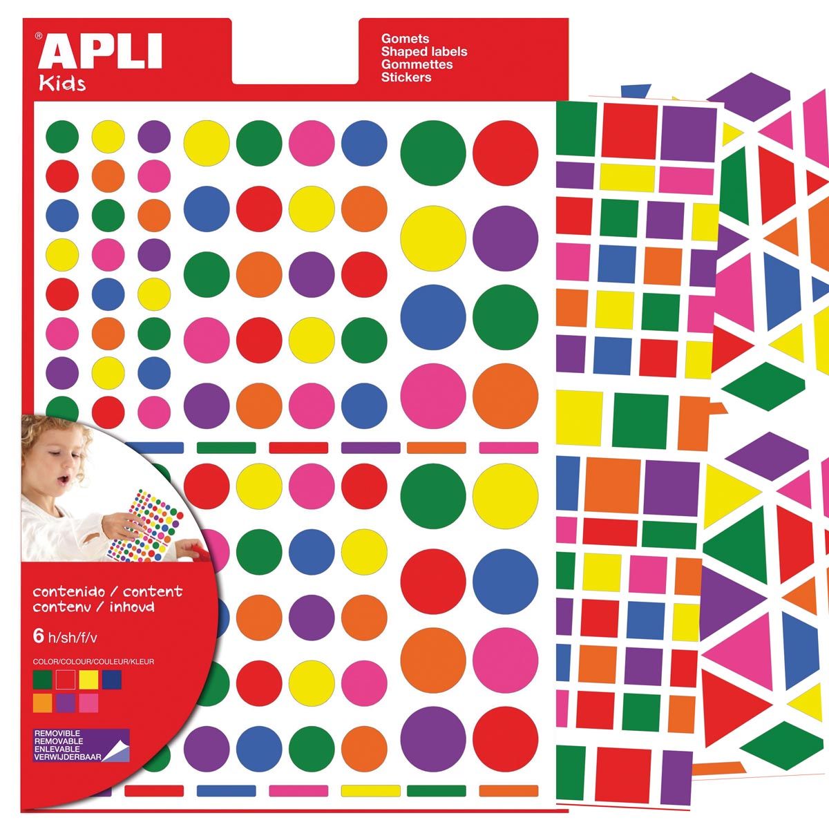 Apli Kids verwijderbare stickers, geassorteerde vormen, kleuren en groottes, blister met 664 stuks afbeelding