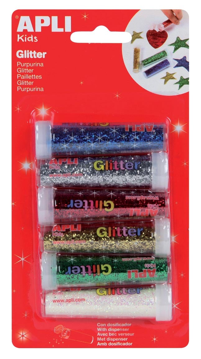 Apli Kids glitterpoeder, blister met 6 tubes in geassorteerde kleuren