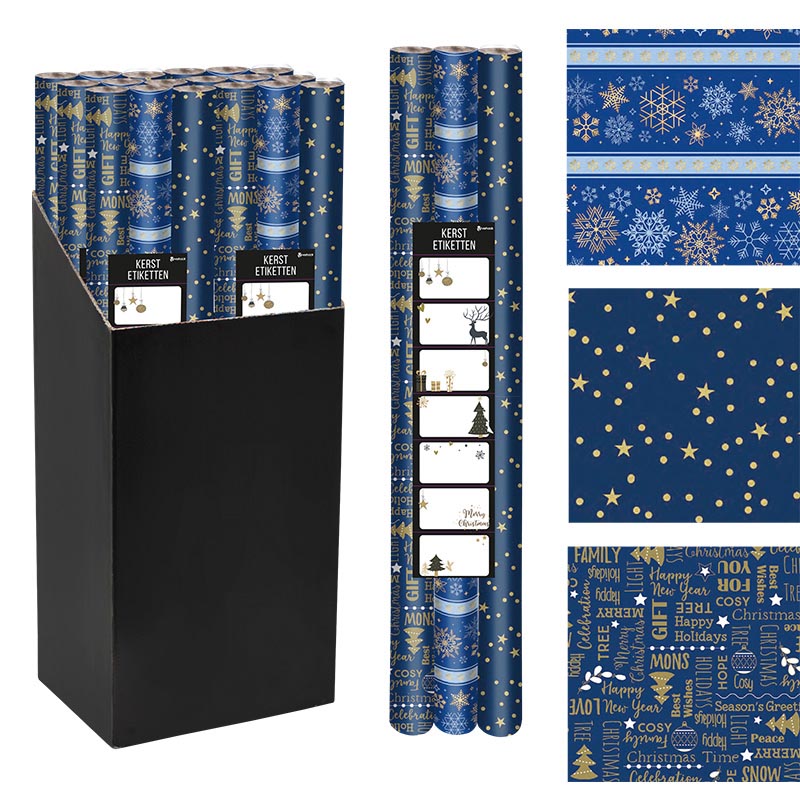 Geschenkpapier Kerst, 70 cm x 2 m, blauw, pak van 3 stuks